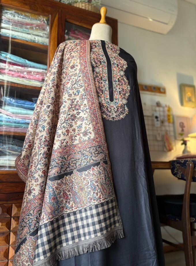 Woollen Woven Salwars with Reversible Shawl by Ikhtirah (Black)