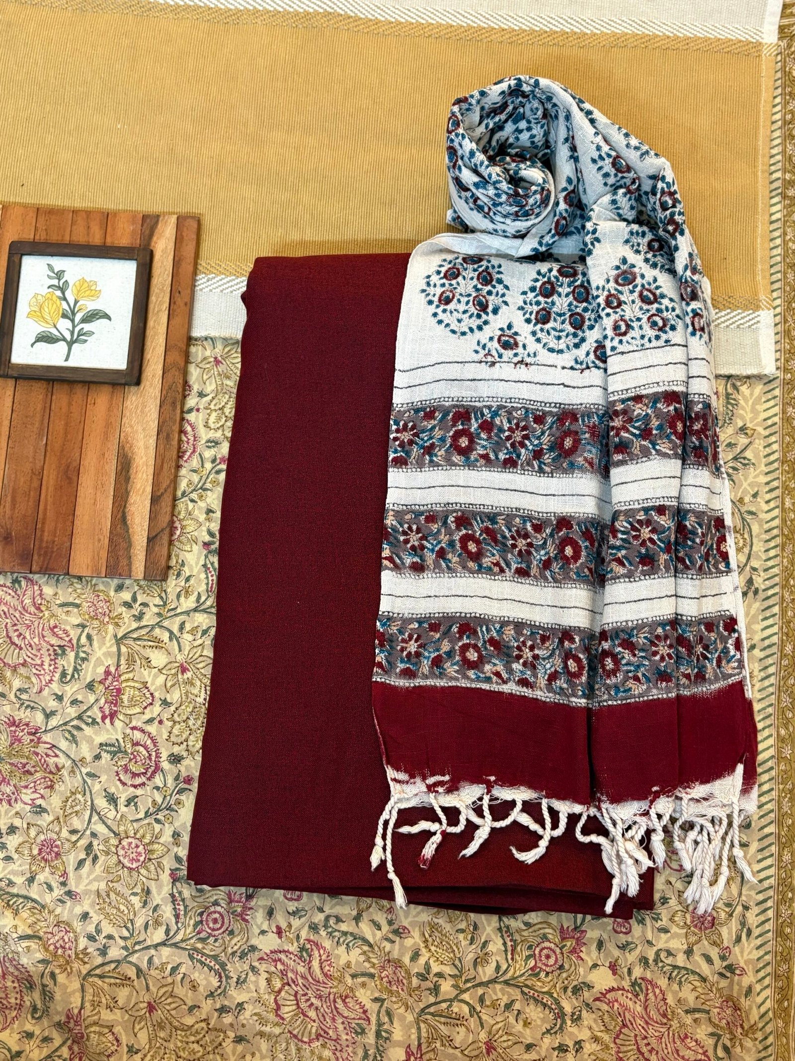 Pure Linen Natural dye Handblock Stole with 5Mtrs Woollen Spun Fabric by Ikhtirah