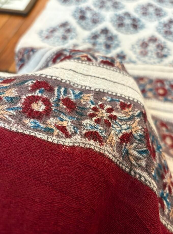 Pure Linen Natural dye Handblock Stole with 5Mtrs Khadi Cotton Fabric by Ikhtirah