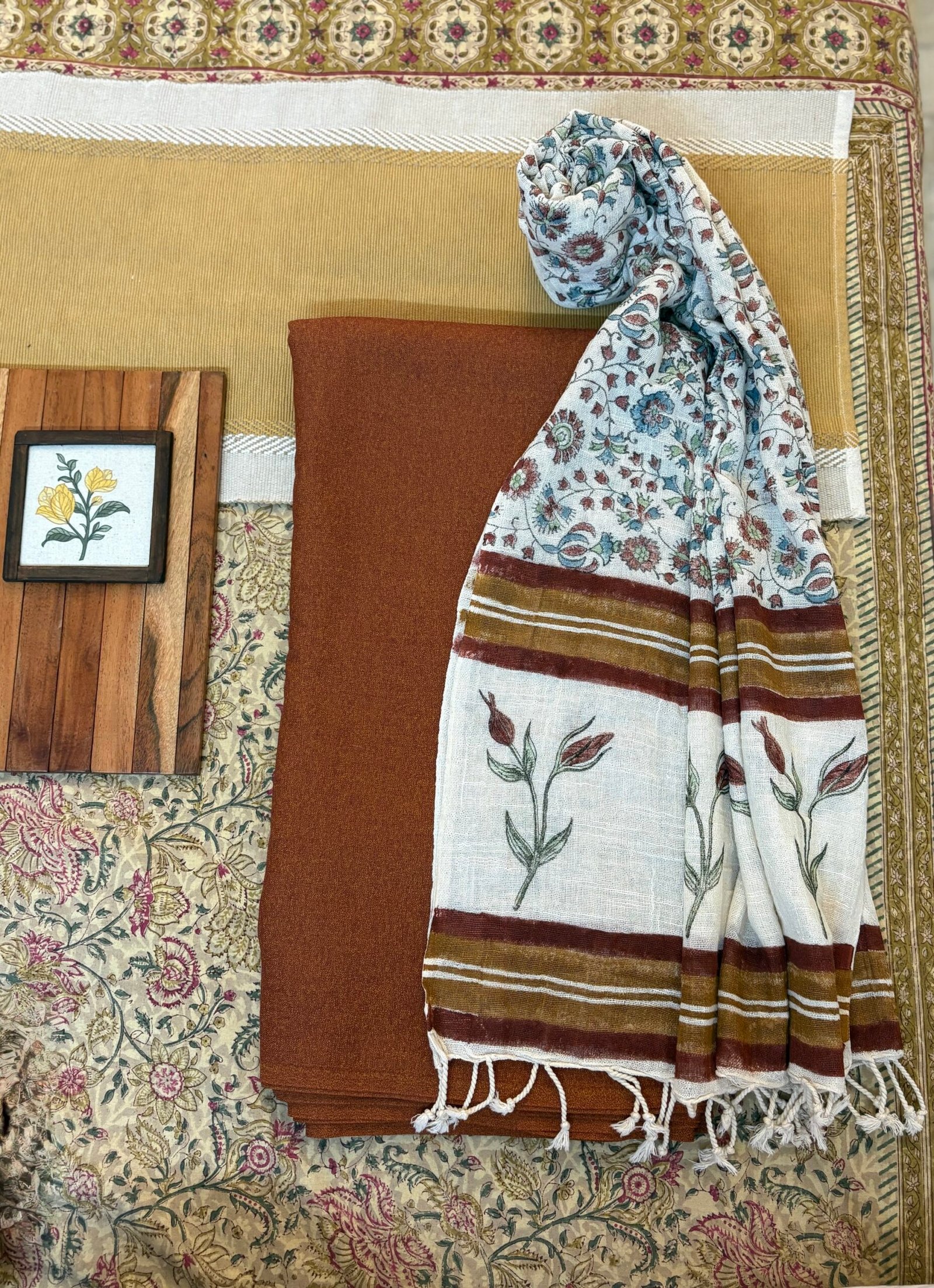 Pure Linen Natural dye Handblock Stole with 5Mtrs Woollen Spun Fabric by Ikhtirah