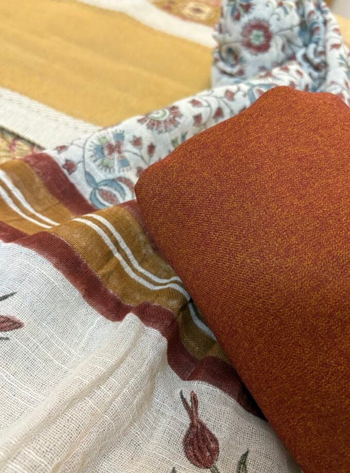 Pure Linen Natural dye Handblock Stole with 5Mtrs Woollen Spun Fabric by Ikhtirah