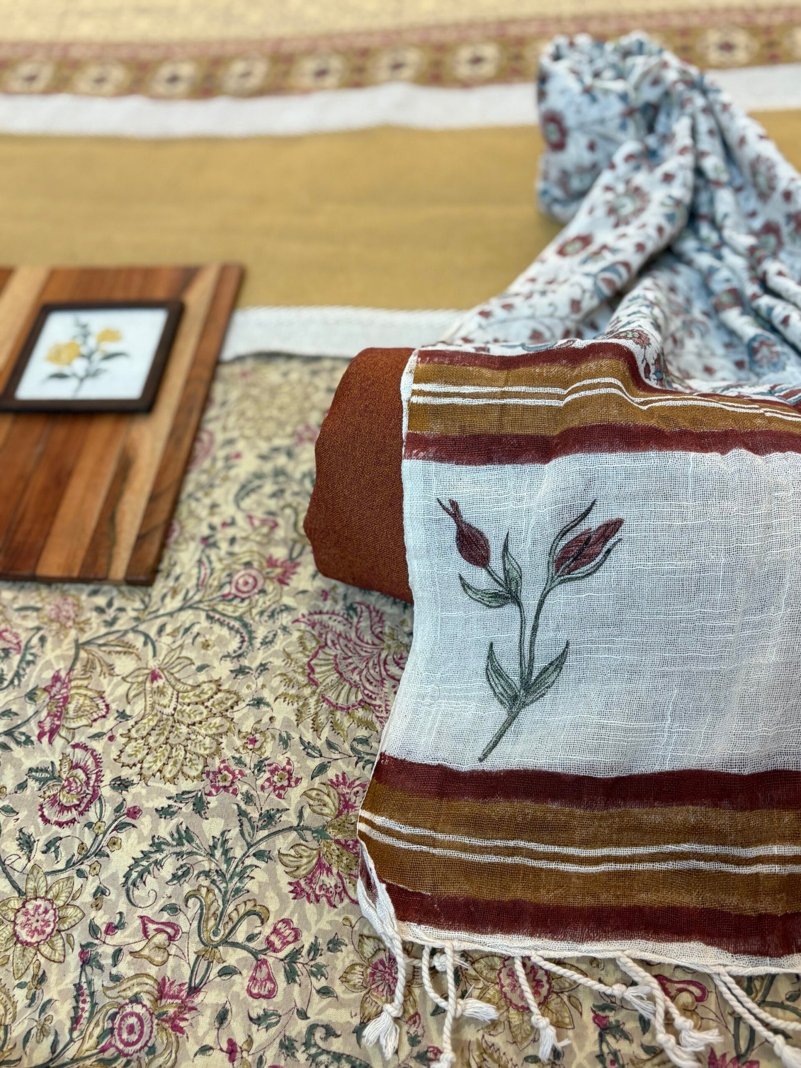 Pure Linen Natural dye Handblock Stole with 5Mtrs Woollen Spun Fabric by Ikhtirah - Image 6