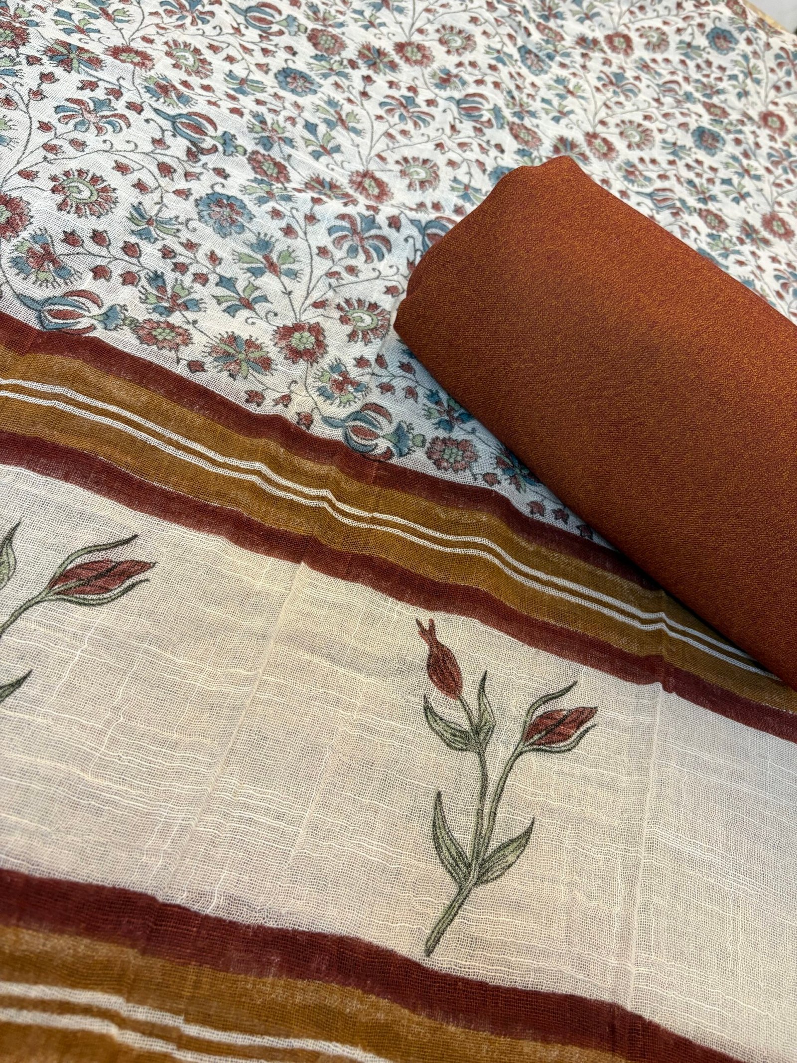 Pure Linen Natural dye Handblock Stole with 5Mtrs Woollen Spun Fabric by Ikhtirah - Image 4