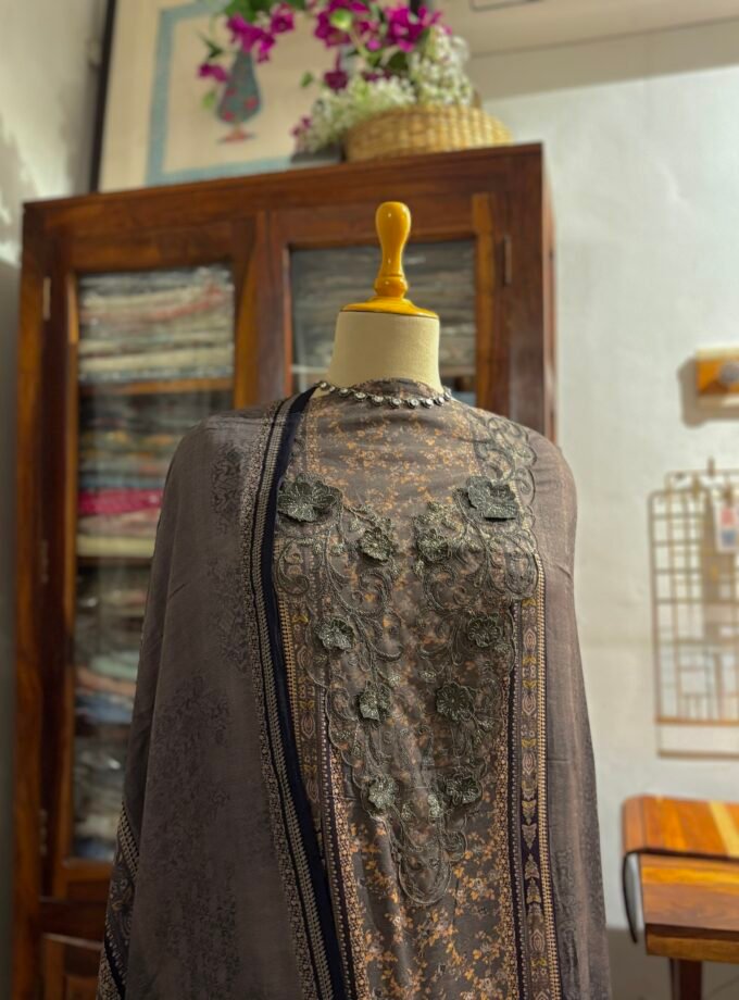 Unstitched Lace Embroidered Digitally printed Viscose Fine Pashmina Salwar by Ikhtirah (Brown with Green undertone)