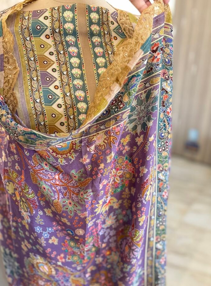 Unstitched printed viscose pashmina Shalwars with Pure Chinnon Dupatta by Ikhtirah h