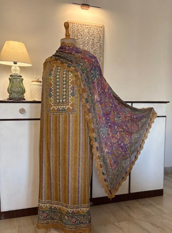 Unstitched printed viscose pashmina Shalwars with Pure Chinnon Dupatta by Ikhtirah h