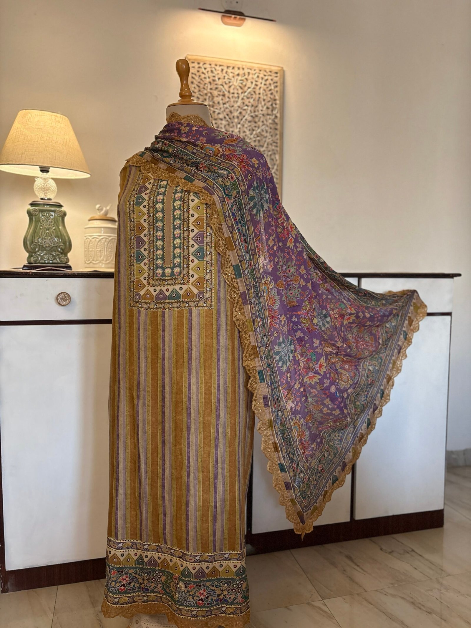 Unstitched printed viscose pashmina Shalwars with Pure Chinnon Dupatta by Ikhtirah h - Image 3