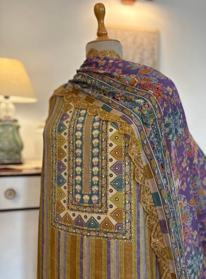 Unstitched printed viscose pashmina Shalwars with Pure Chinnon Dupatta by Ikhtirah h