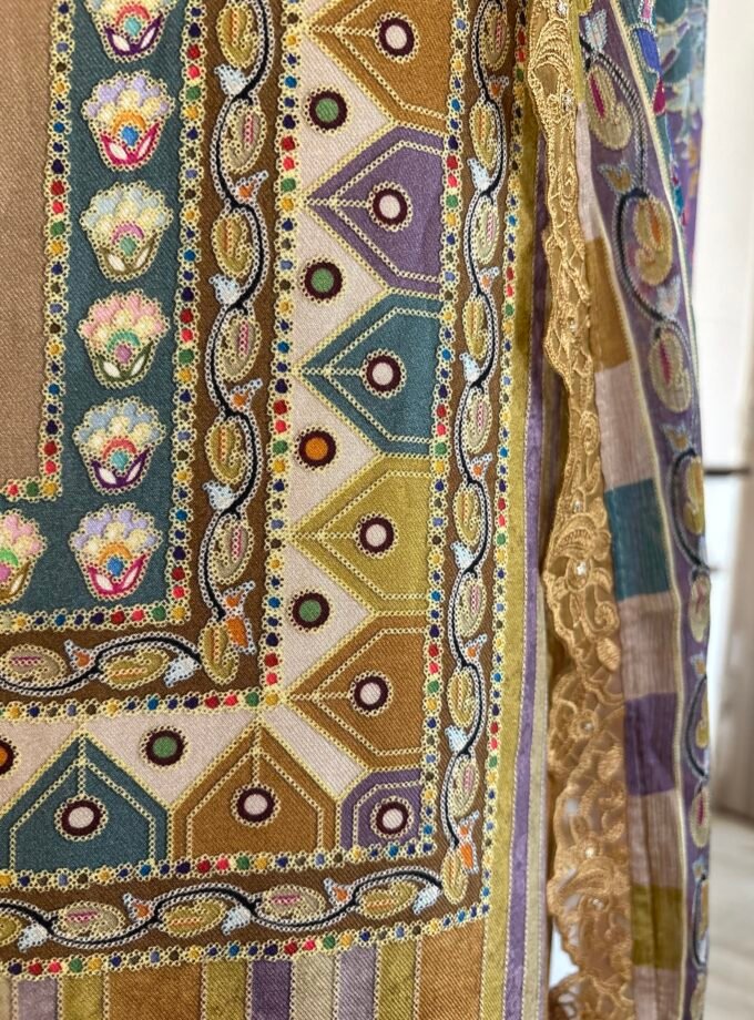 Unstitched printed viscose pashmina Shalwars with Pure Chinnon Dupatta by Ikhtirah h