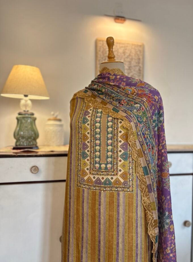 Unstitched printed viscose pashmina Shalwars with Pure Chinnon Dupatta by Ikhtirah h