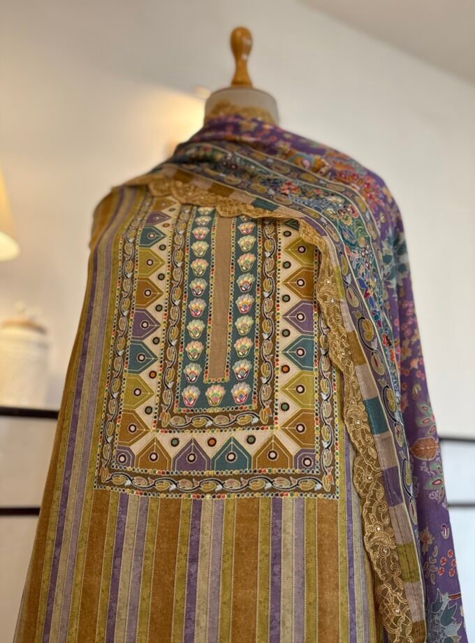 Unstitched printed viscose pashmina Shalwars with Pure Chinnon Dupatta by Ikhtirah h