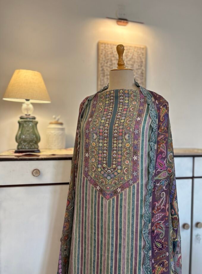 Unstitched printed viscose pashmina Shalwars with Pure Chinnon Dupatta by Ikhtirah