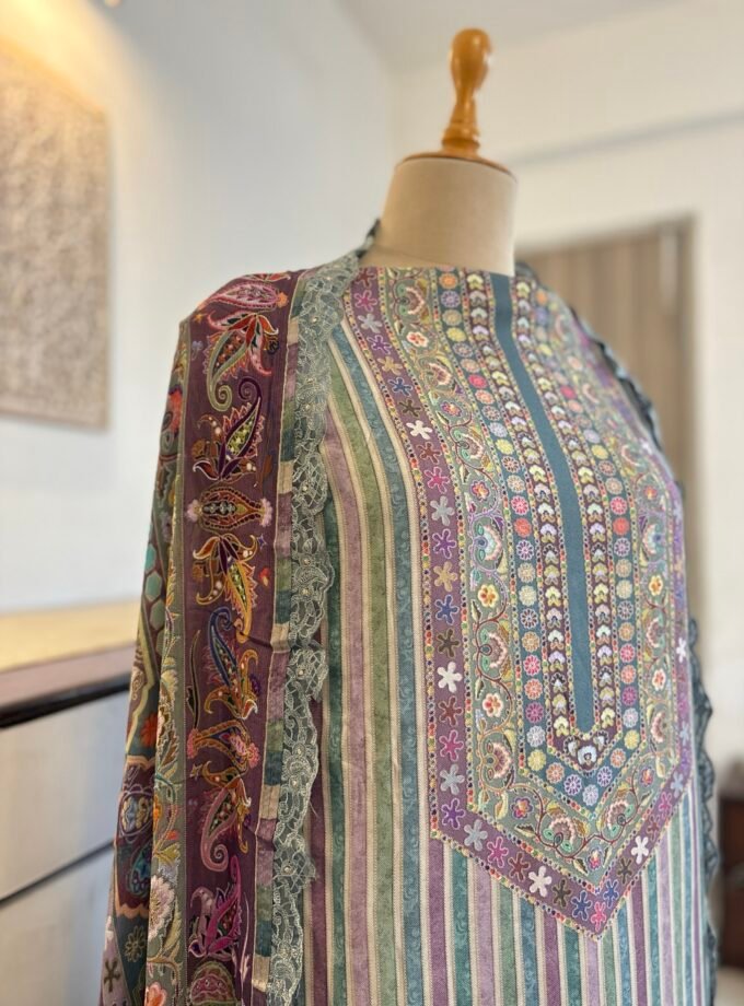 Unstitched printed viscose pashmina Shalwars with Pure Chinnon Dupatta by Ikhtirah