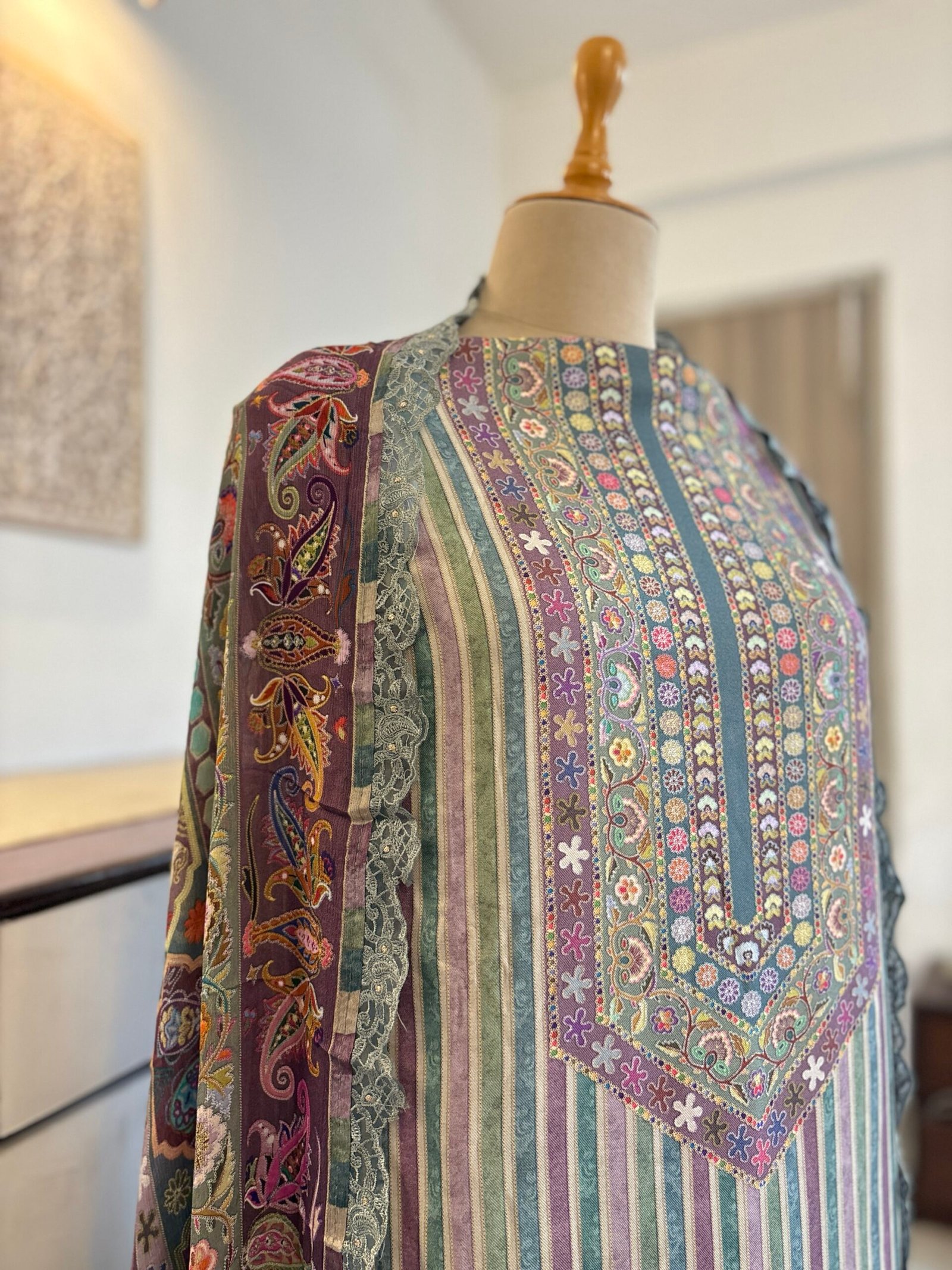 Unstitched printed viscose pashmina Shalwars with Pure Chinnon Dupatta by Ikhtirah - Image 8