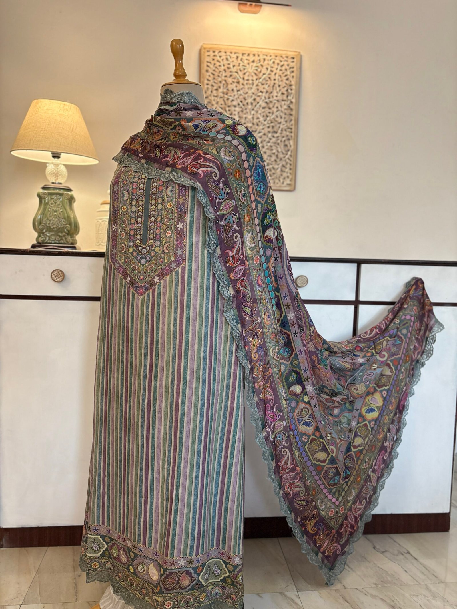 Unstitched printed viscose pashmina Shalwars with Pure Chinnon Dupatta by Ikhtirah - Image 2