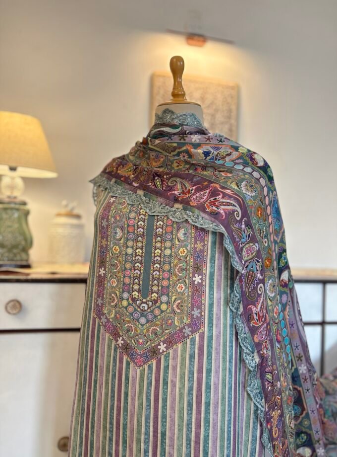 Unstitched printed viscose pashmina Shalwars with Pure Chinnon Dupatta by Ikhtirah
