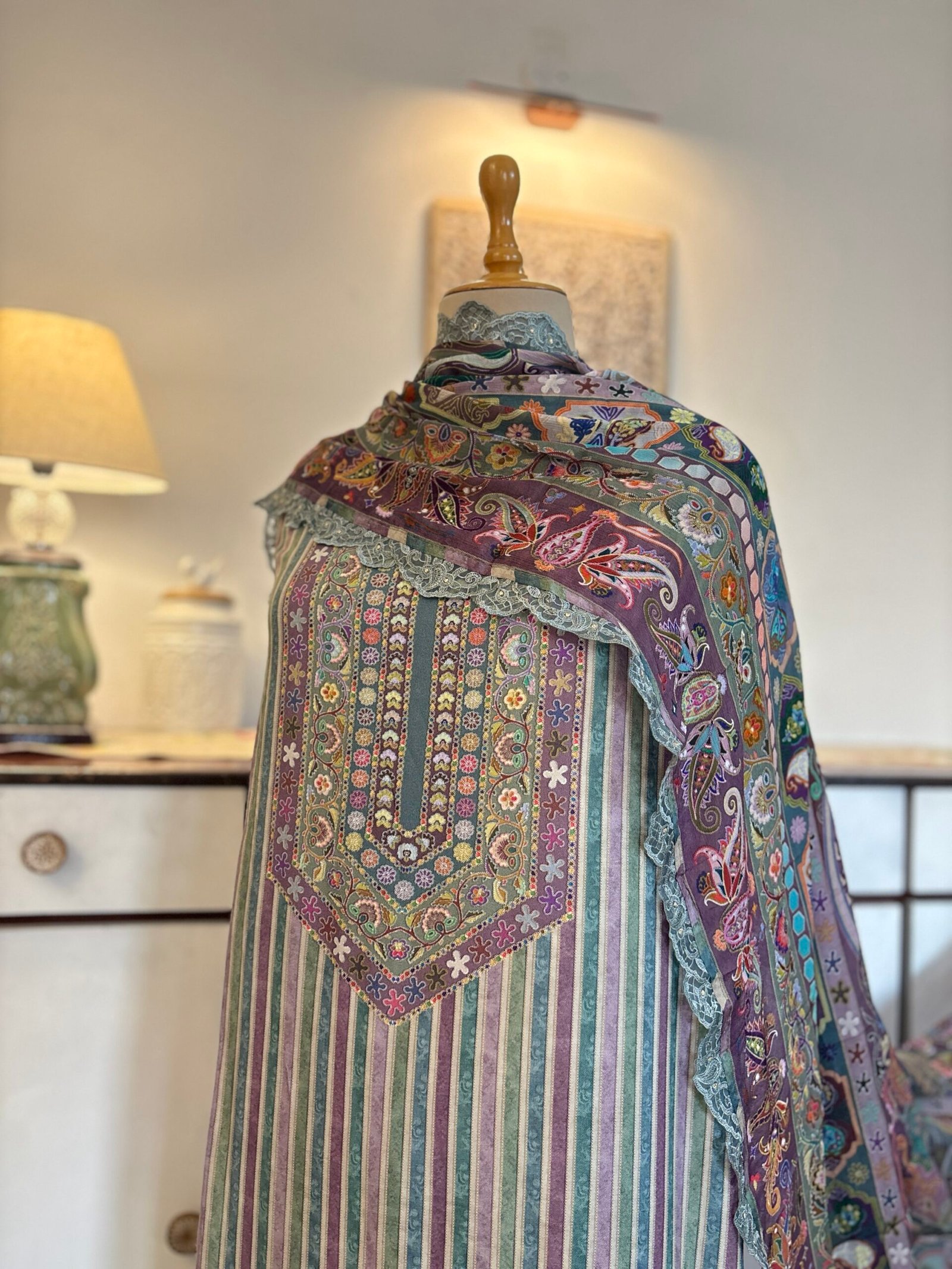 Unstitched printed viscose pashmina Shalwars with Pure Chinnon Dupatta by Ikhtirah