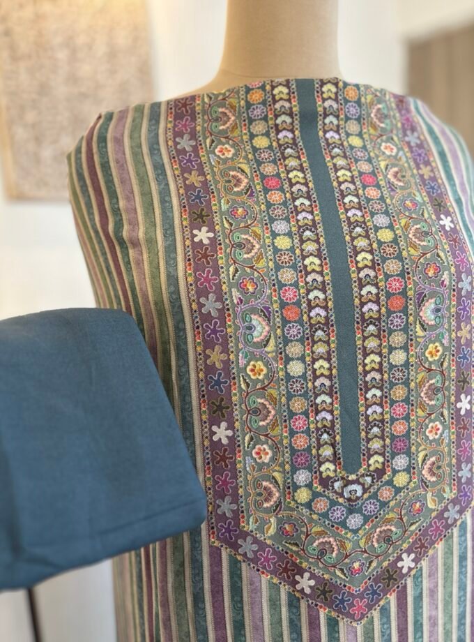 Unstitched printed viscose pashmina Shalwars with Pure Chinnon Dupatta by Ikhtirah