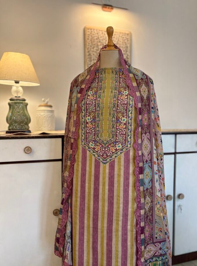 Unstitched printed viscose pashmina Shalwars with Pure Chinnon Dupatta by Ikhtirah