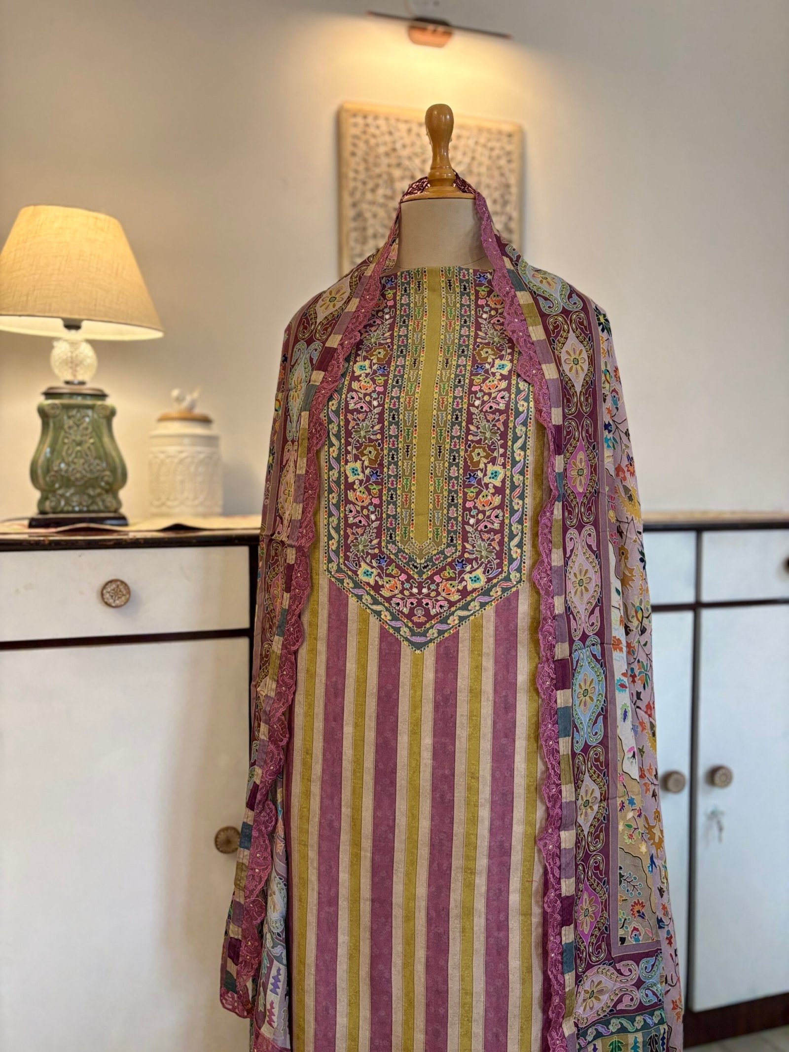 Unstitched printed viscose pashmina Shalwars with Pure Chinnon Dupatta by Ikhtirah - Image 7