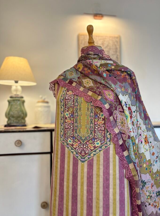 Unstitched printed viscose pashmina Shalwars with Pure Chinnon Dupatta by Ikhtirah