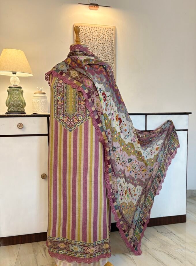 Unstitched printed viscose pashmina Shalwars with Pure Chinnon Dupatta by Ikhtirah