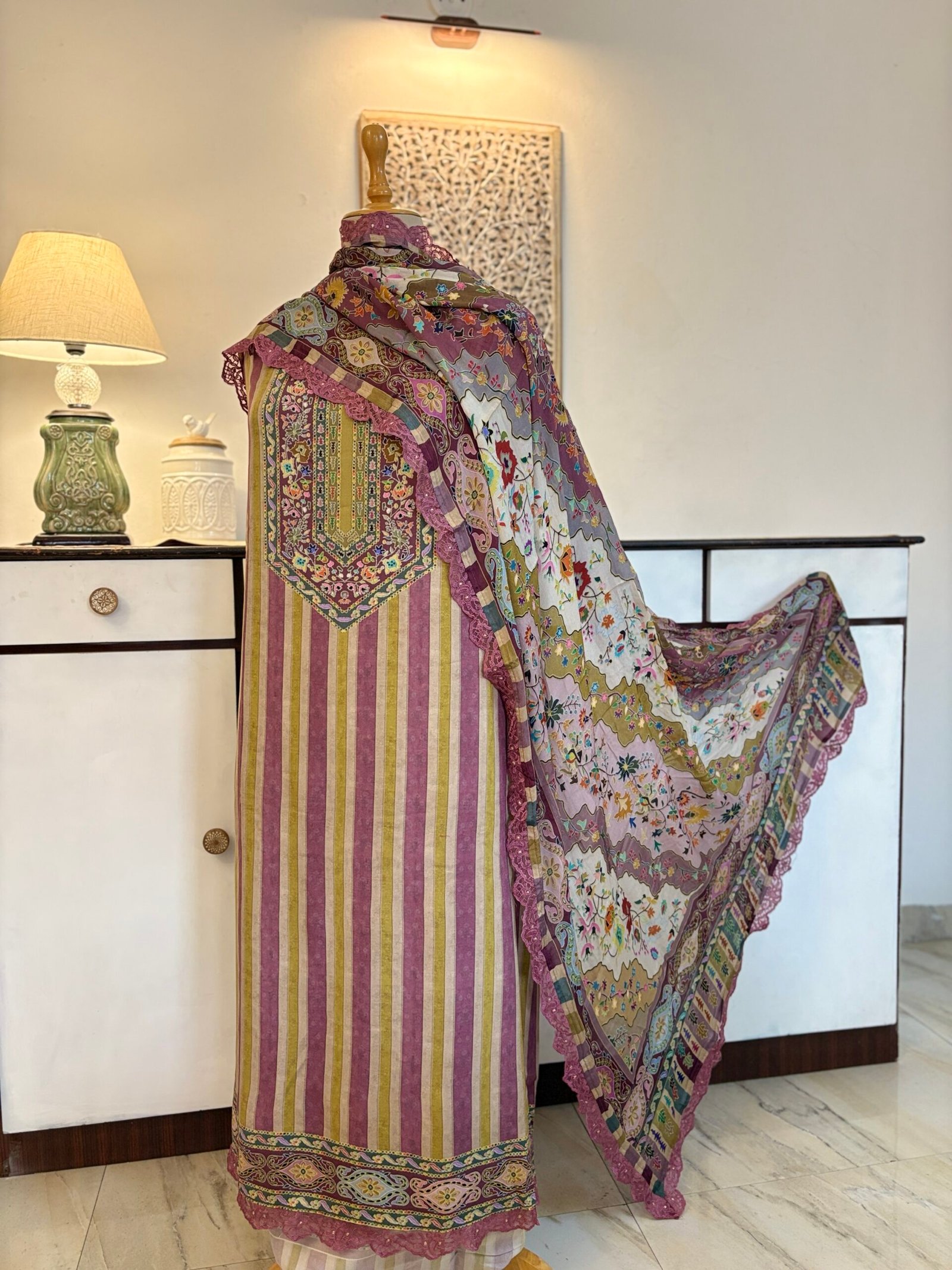 Unstitched printed viscose pashmina Shalwars with Pure Chinnon Dupatta by Ikhtirah - Image 2