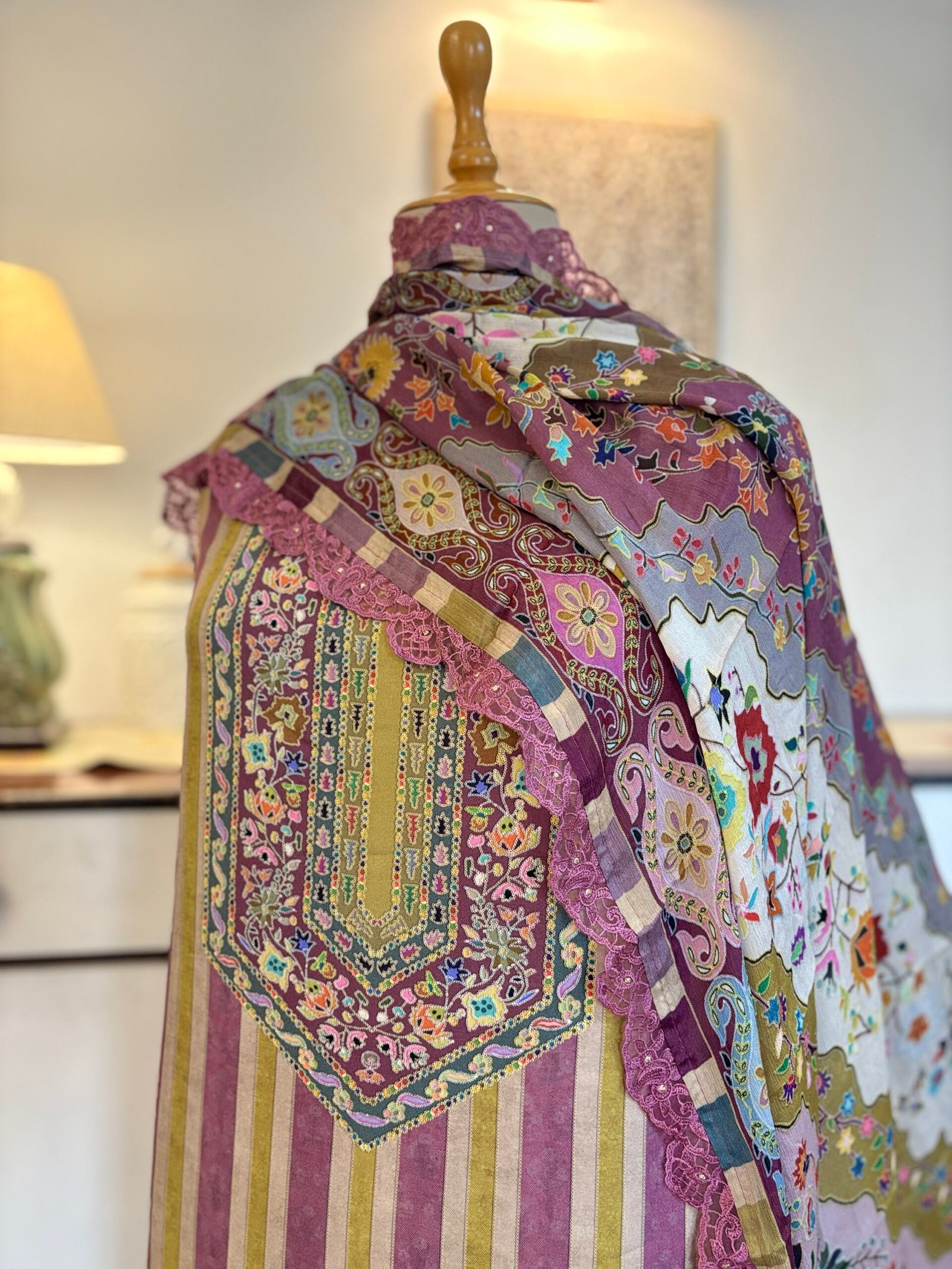 Unstitched printed viscose pashmina Shalwars with Pure Chinnon Dupatta by Ikhtirah