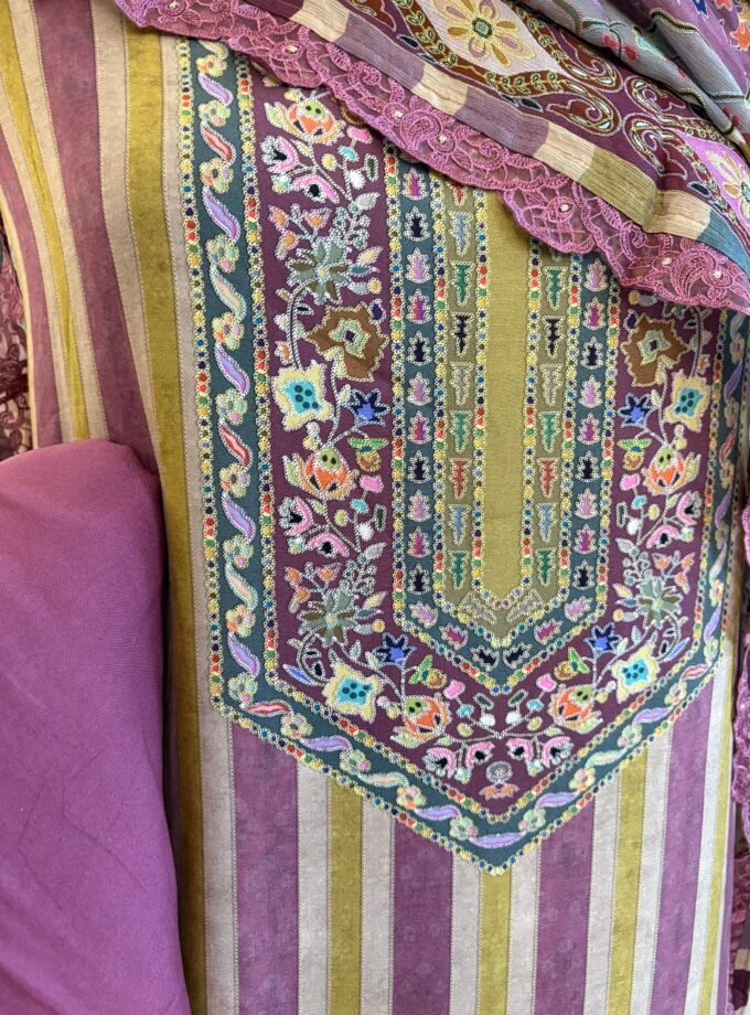 Unstitched printed viscose pashmina Shalwars with Pure Chinnon Dupatta by Ikhtirah