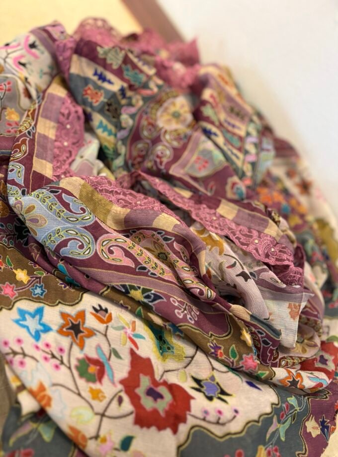 Unstitched printed viscose pashmina Shalwars with Pure Chinnon Dupatta by Ikhtirah