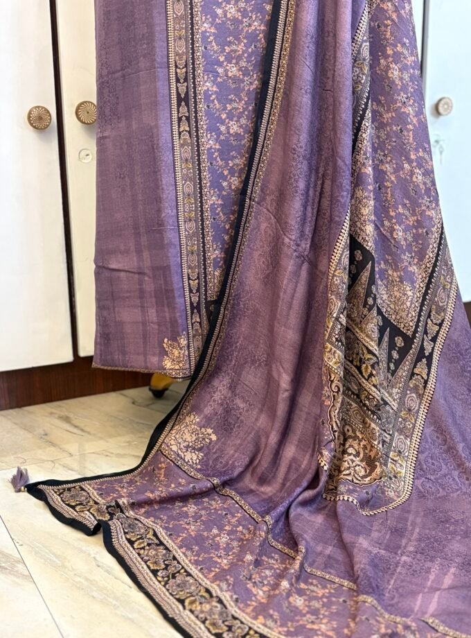 Unstitched Lace Embroidered Digitally printed Viscose Fine Pashmina Salwar by Ikhtirah (Lavender)