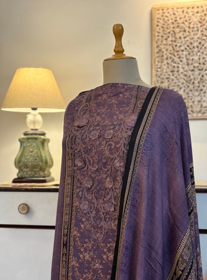 Unstitched Lace Embroidered Digitally printed Viscose Fine Pashmina Salwar by Ikhtirah (Lavender)