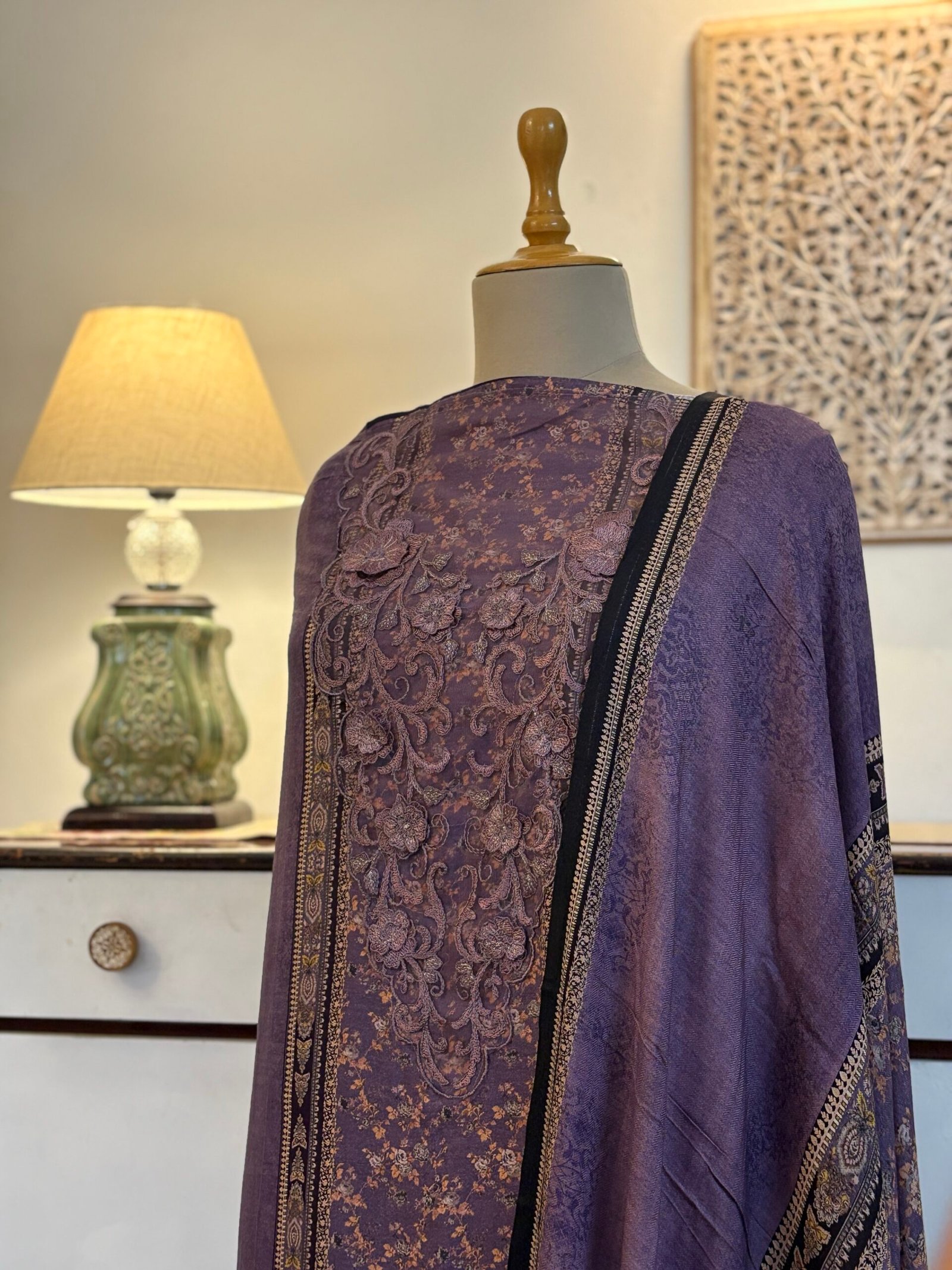 Unstitched Lace Embroidered Digitally printed Viscose Fine Pashmina Salwar by Ikhtirah (Lavender)