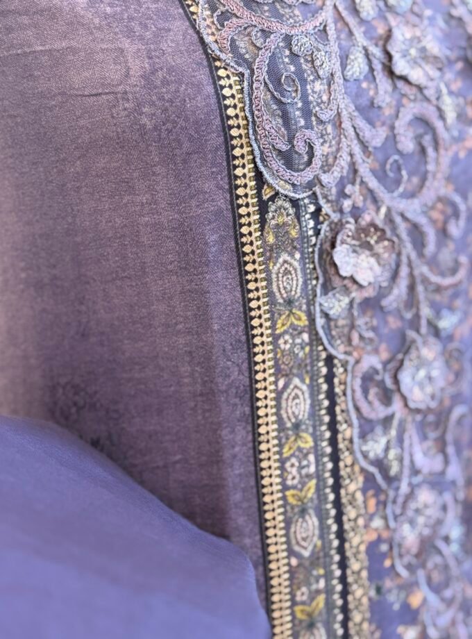 Unstitched Lace Embroidered Digitally printed Viscose Fine Pashmina Salwar by Ikhtirah (Lavender)