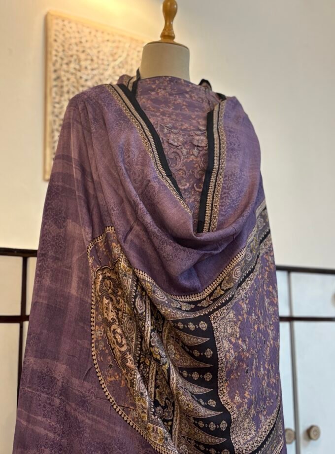 Unstitched Lace Embroidered Digitally printed Viscose Fine Pashmina Salwar by Ikhtirah (Lavender)