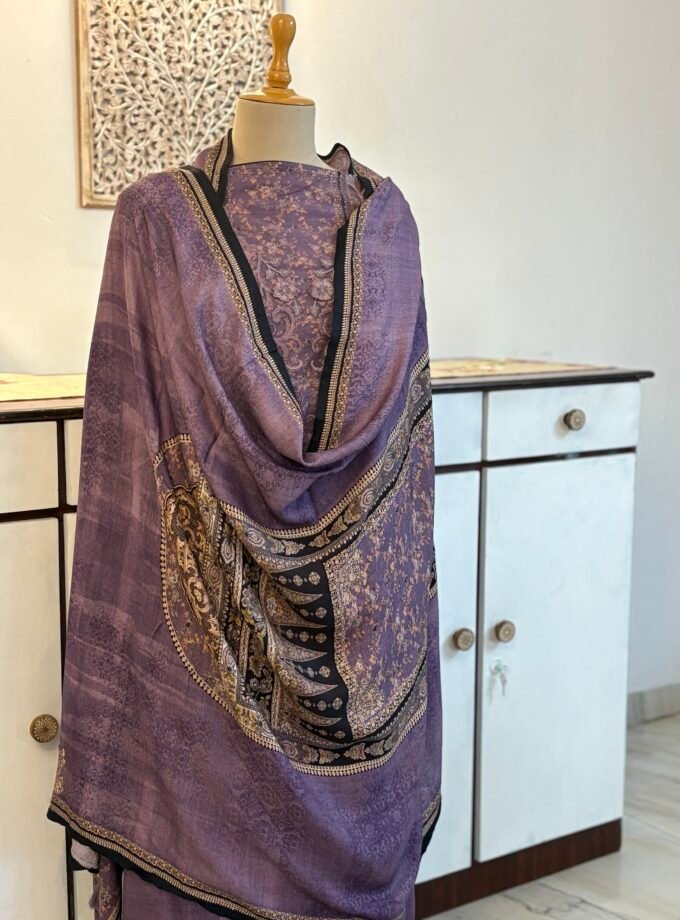 Unstitched Lace Embroidered Digitally printed Viscose Fine Pashmina Salwar by Ikhtirah (Lavender)