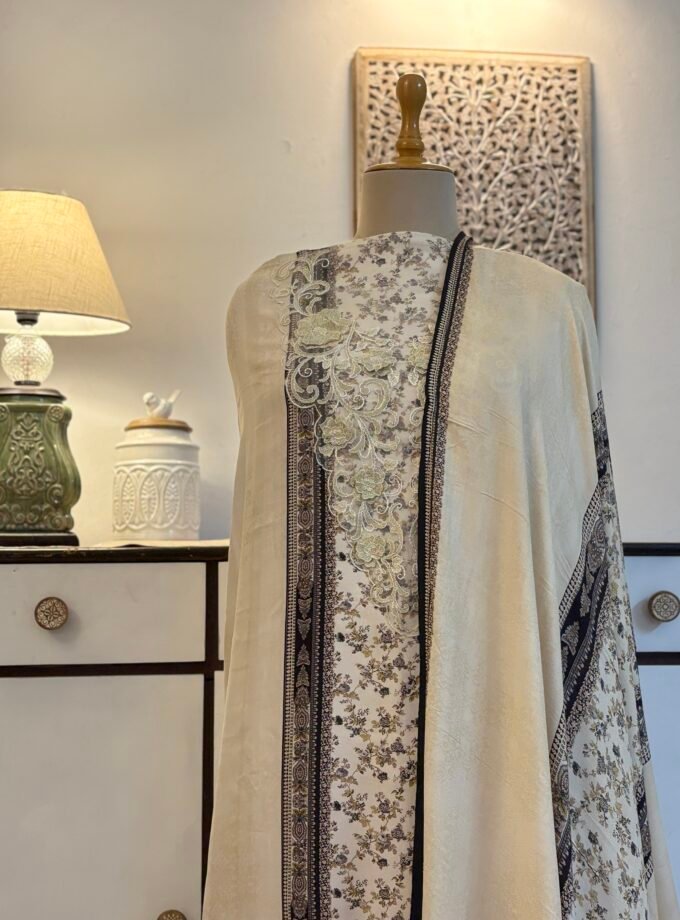 Unstitched Lace Embroidered Digitally printed Viscose Fine Pashmina Salwar by Ikhtirah (Ivory)