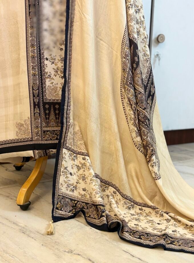 Unstitched Lace Embroidered Digitally printed Viscose Fine Pashmina Salwar by Ikhtirah (Ivory)