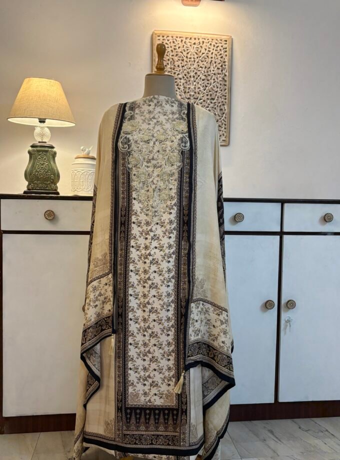 Unstitched Lace Embroidered Digitally printed Viscose Fine Pashmina Salwar by Ikhtirah (Ivory)