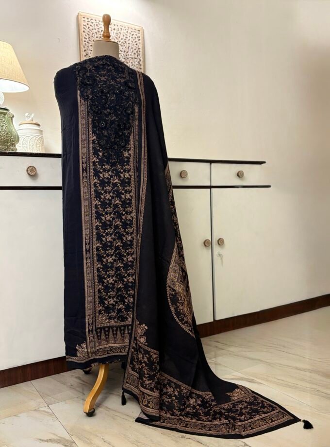 Unstitched Lace Embroidered Digitally printed Viscose Fine Pashmina Salwar by Ikhtirah (Black)
