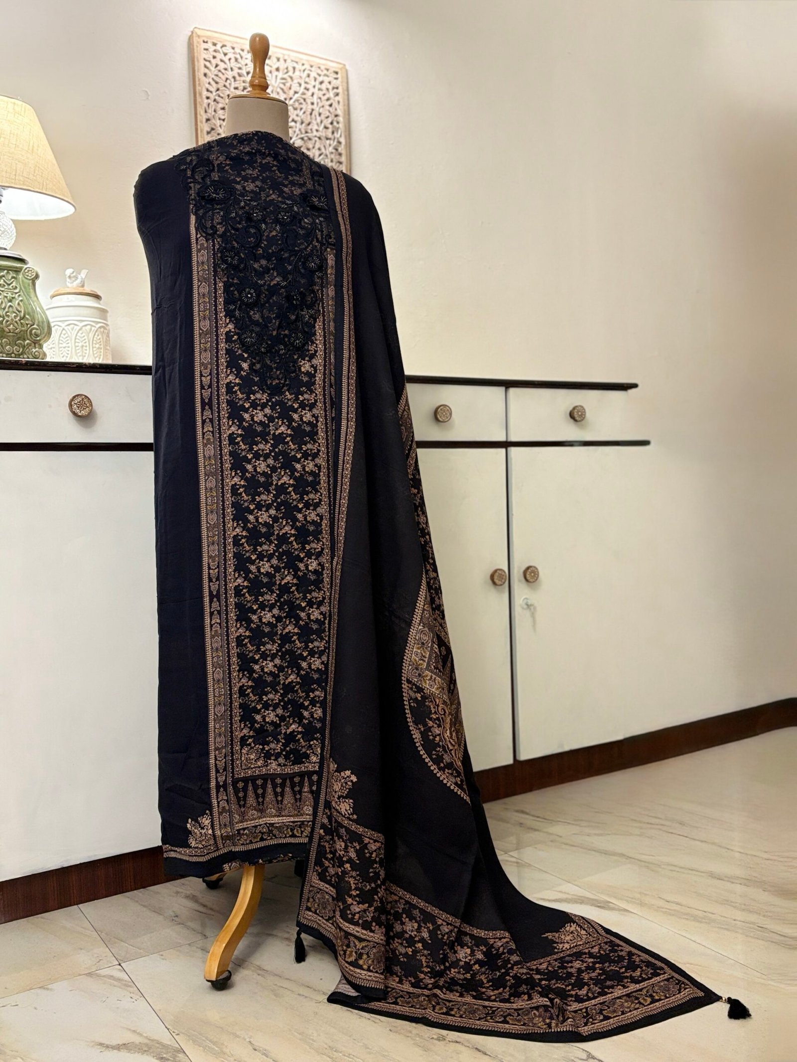 Unstitched Lace Embroidered Digitally printed Viscose Fine Pashmina Salwar by Ikhtirah (Black) - Image 2