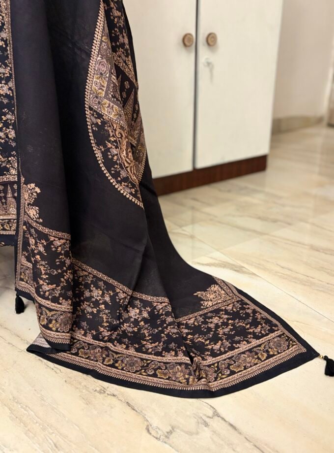 Unstitched Lace Embroidered Digitally printed Viscose Fine Pashmina Salwar by Ikhtirah (Black)