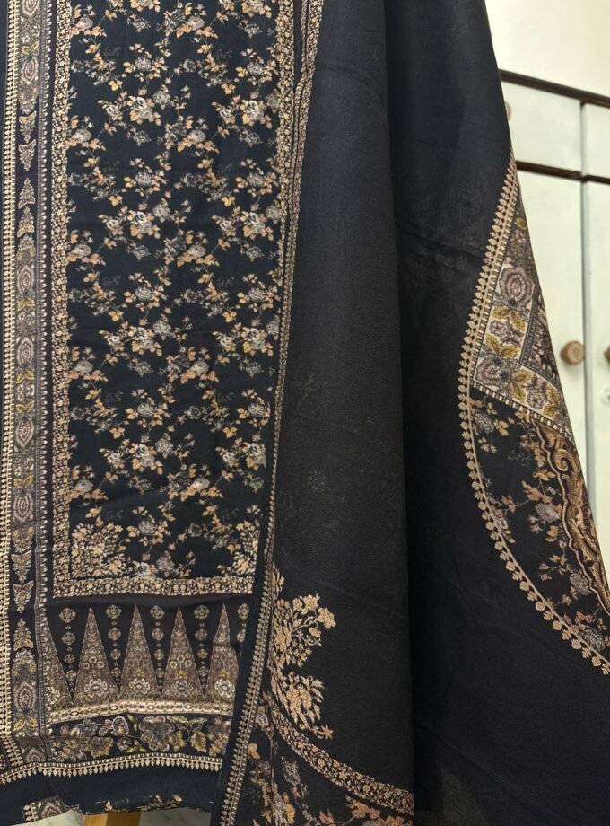 Unstitched Lace Embroidered Digitally printed Viscose Fine Pashmina Salwar by Ikhtirah (Black)