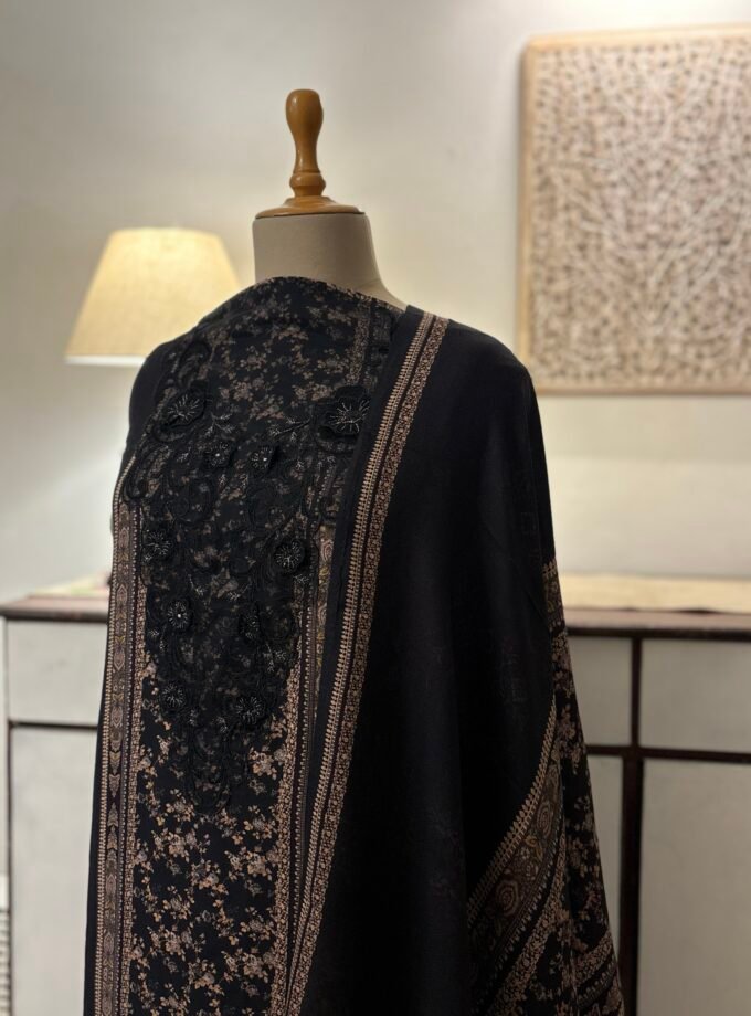Unstitched Lace Embroidered Digitally printed Viscose Fine Pashmina Salwar by Ikhtirah (Black)