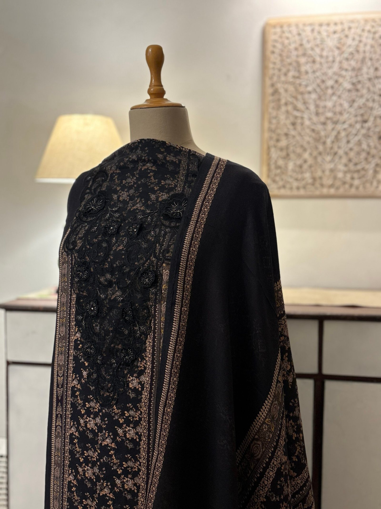 Unstitched Lace Embroidered Digitally printed Viscose Fine Pashmina Salwar by Ikhtirah (Black) - Image 4