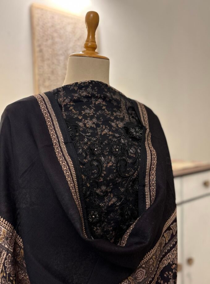 Unstitched Lace Embroidered Digitally printed Viscose Fine Pashmina Salwar by Ikhtirah (Black)