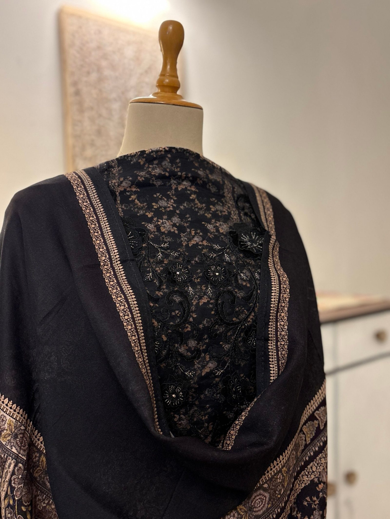 Unstitched Lace Embroidered Digitally printed Viscose Fine Pashmina Salwar by Ikhtirah (Black) - Image 3