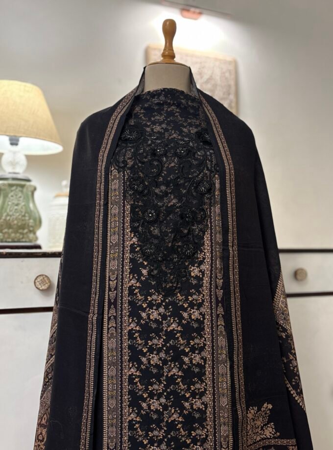 Unstitched Lace Embroidered Digitally printed Viscose Fine Pashmina Salwar by Ikhtirah (Black)