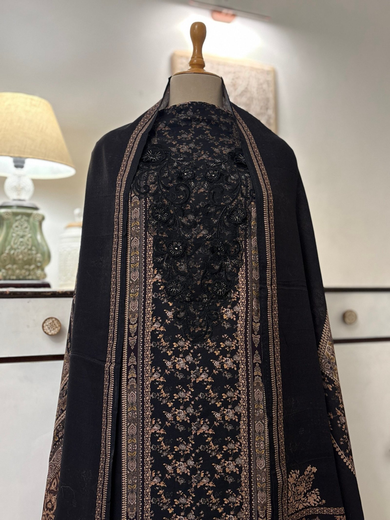 Unstitched Lace Embroidered Digitally printed Viscose Fine Pashmina Salwar by Ikhtirah (Black)