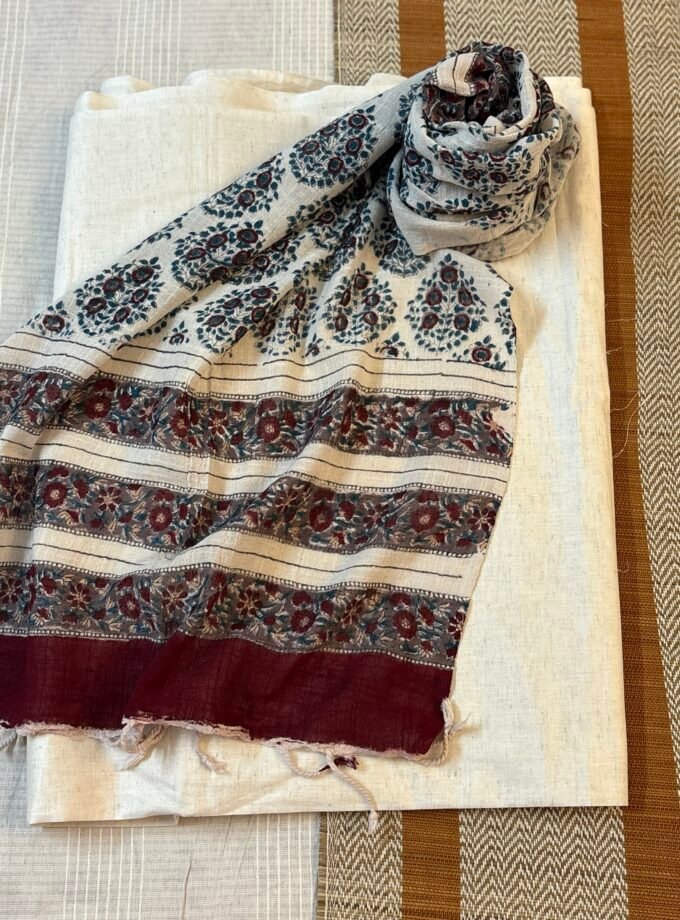 Pure Linen Natural dye Handblock Stole with 5Mtrs Khadi Cotton Fabric by Ikhtirah
